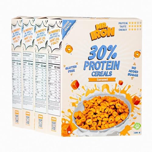 Mister Iron 30% Protein-Cerealien, Karamellgeschmack, glutenfrei, kohlenhydratarm, zuckerarm, vegan, pflanzlich, gesundes Frühstück, 4 Boxen von MR.IRON