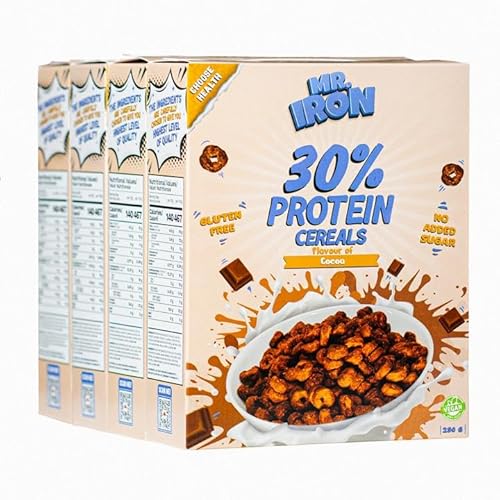 Mister Iron 30% Protein-Cerealien, Schokoladengeschmack, glutenfrei, kohlenhydratarm, zuckerarm, vegan, pflanzlich, gesundes Frühstück, 4 Boxen von MR.IRON