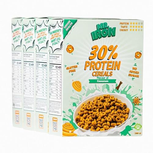 Mister Iron 30% Protein-Cerealien, Zimtgeschmack, glutenfrei, kohlenhydratarm, zuckerarm, vegan, pflanzlich, gesundes Frühstück, 4 Boxen von MR.IRON