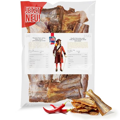 Pikanter Fisch Jerky 1kg I High Protein I Snacks I Trockenfisch Omega 3 I Beef Jerky, Trockenfleisch & Chips Alternative Proteinreich von MSDM