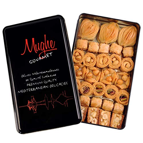 Mughe Gourmet verschiedene Baklava Gebäck Geschenke, elegante Blechdose – 500g – Türkische Pistazie, Walnuss, Haselnuss, mundgerechte, Baklawa Süßigkeiten – perfekt für Geburtstag, Vatertag von MUGHE GOURMET