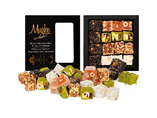 Mughe Gourmet Luxus Sultan Pistazien Türkische Delight Süßigkeiten, elegante Geschenkbox – 350g – Lokum Orange, Haselnuss, Mandeln – Halal, Vegetarisch – perfekte Geschenke für Geburtstag von MUGHE GOURMET