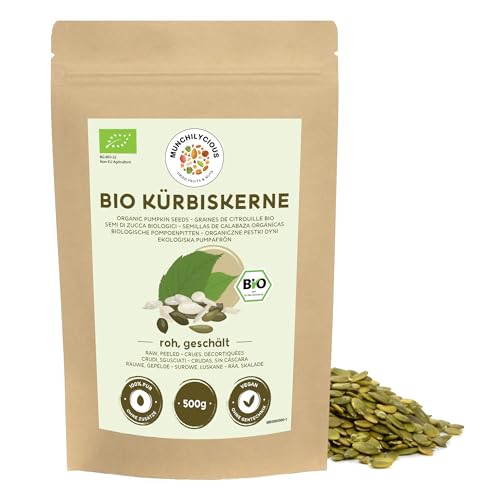 Kürbiskerne BIO 500g von Munchilycious, rohe und geschälte Kürbiskerne zum Essen, Nüsse Snacks, Keto, Perfekt für Müslischalen, Smoothie Bowl oder Porridge von MUNCHILYCIOUS