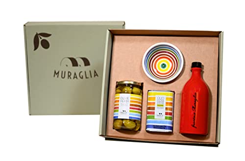 Frantoio Muraglia-Aperitif-Geschenkpaket mit nativem Olivenöl extra und Bella di Cerignola-Oliven-4 Artikel-intensiv fruchtig-handgefertigt und handbemalt von unseren Kunsthandwerkern aus Apulien von MURAGLIA ANTICO FRANTOIO