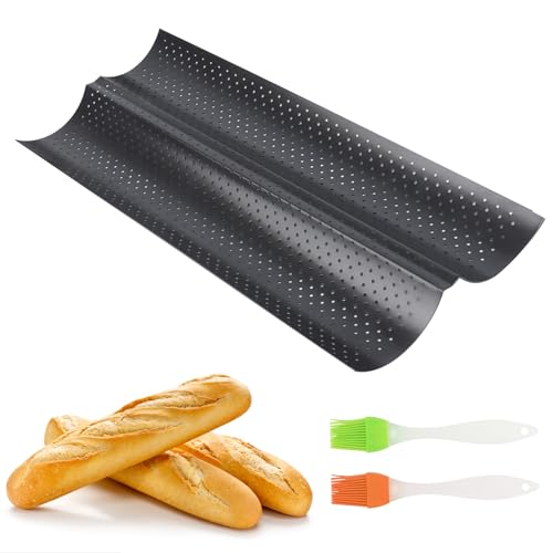 MXTIMWAN Baguette Backform, Baguette-Backblech für 2 Baguettes mit 2 Stück Silikon Backpinsel, Baguetteblech Baguetteform mit Antihaftbeschichtung, Backform Gelocht Baguetteblech Brötchen von MXTIMWAN