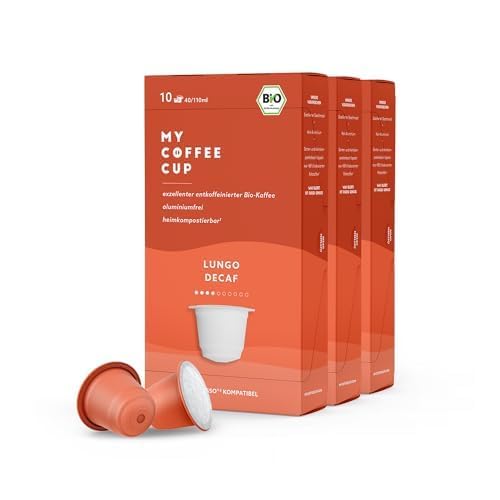 My Coffee Cup – LUNGO DECAF – BIO-KAFFEE 3 PACKUNGEN I 30 Kaffeekapseln für Nespresso®³Kapselmaschinen I heim- und gartenkompostierbare Kaffeekapseln – 0% Alu I Nachhaltige Kaffeekapseln von MY-COFFEE CUP