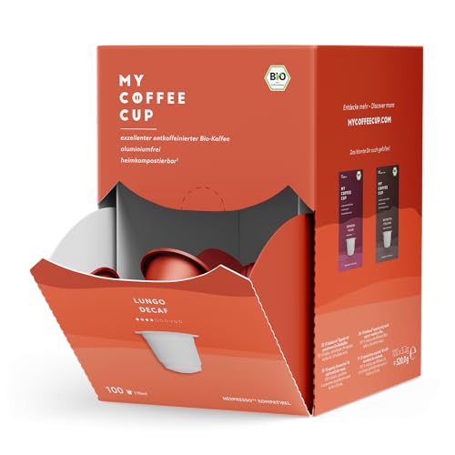 My Coffee Cup – MEGA BOX LUNGO DECAF – BIO-KAFFEE I 100 Kaffeekapseln für Nespresso®³-Kapselmaschinen I heim- und gartenkompostierbare Kaffeekapseln – 0% Alu I Nachhaltige Kaffeekapseln von MY-COFFEE CUP