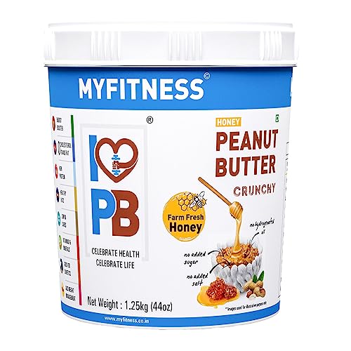 MYFITNESS Peanut Butter Gentechnikfrei, glutenfrei, ohne Konservierungsstoff, rein natürliche Inhaltsstoffe, hohe Protein-Erdnussbutter hergestellt mit amerikanischem Rezept (1,2 l, Honig knusprig) von MYFITNESS