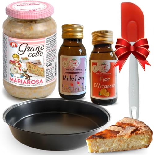 Grano Cotto Per Pastiera Napoletana 580gr + Aroma Millefiori 60cc + Aroma Aroma Fior D'Arancio 60cc + Pennello Silicone + Teglia Forno Tonda - Natale 202 von MYSELF