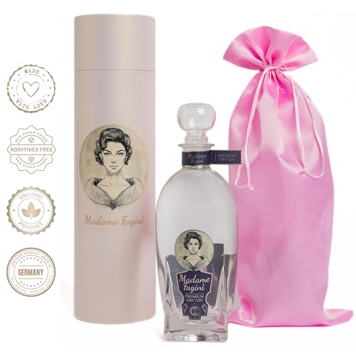 Madame Fagini Premium Dry Gin mit elegantem Beutel und Geschenkdose | Geschenkset für Frauen | 15 natürliche Botanicals | Das perfekte Geschenk, edle Flaschenform von Madame Fagini