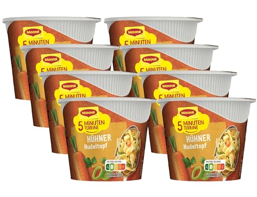 MAGGI 5 Minuten Terrine Hühner Nudeltopf, leckeres Fertiggericht, Instant-Nudeln, mit Huhn, 8er Pack (8 x 41g) von Maggi