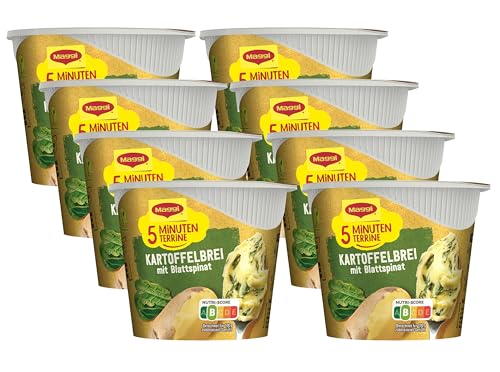 MAGGI 5 Minuten Terrine Kartoffelbrei mit Blattspinat, leckeres Fertiggericht mit Spinat, Instant Kartoffel-Püree, Kartoffel-Snack, 8er Pack (8 x 47g) von Maggi