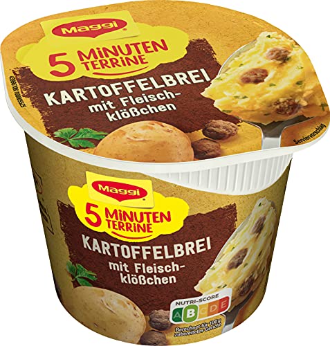 MAGGI 5 Minuten Terrine Kartoffelbrei: Fleischklößchen, leckeres Fertiggericht mit Rindfleisch, Instant Kartoffel-Püree, Kartoffel-Snack, 1er Pack (1 x 46g) von Maggi