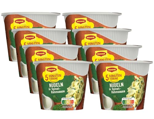 MAGGI 5 Minuten Terrine Nudeln in Spinat-Rahm-Sauce, leckeres Fertiggericht, Instant-Bandnudeln, Eiernudeln mit Käse & Zwiebeln, 8er Pack (8 x 50g) von Maggi