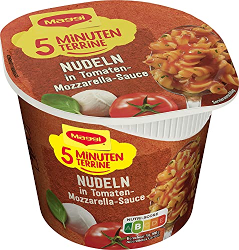 MAGGI 5 Minuten Terrine Nudeln in Tomaten-Mozzarella Sauce, leckeres Fertiggericht, Instant-Nudeln, mit Kräutern, 1er Pack (1 x 55g) von Maggi