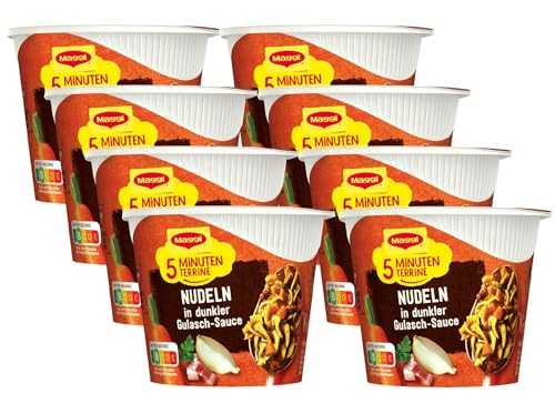 MAGGI 5 Minuten Terrine Nudeln in dunkler Gulasch-Sauce, leckeres Fertiggericht, Instant-Nudeln mit herzhaften Rindfleisch-Würfeln, 8er Pack (8 x 60g) von Maggi