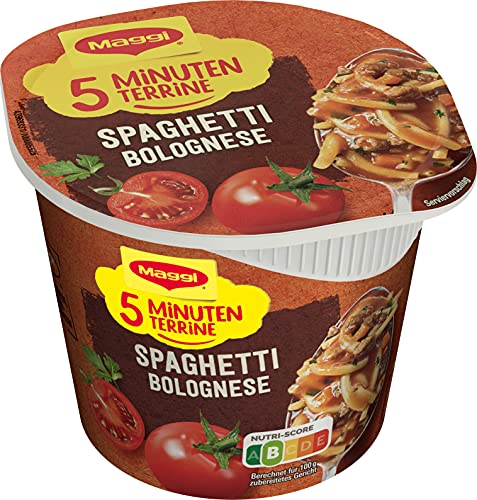 MAGGI 5 Minuten Terrine Spaghetti Bolognese, leckeres Fertiggericht, Instant-Nudeln, mit Hackfleisch, 1er Pack (1 x 60g) von Maggi