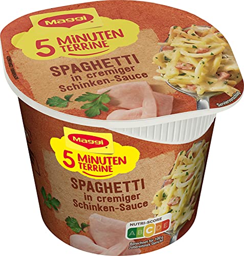 MAGGI 5 Minuten Terrine Spaghetti in cremiger Schinkensauce, leckeres Fertiggericht, Instant-Nudeln, Eiernudeln mit geräuchertem Speck, 1er Pack (1 x 64g) von Maggi