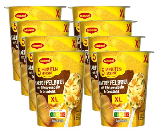 MAGGI 5 Minuten Terrine XL Kartoffelbrei mit Röstzwiebeln und Croutons, leckeres Fertiggericht, Instant Kartoffel-Püree, herzhafter Kartoffel-Snack, 8er Pack (8 x 76g) von Maggi