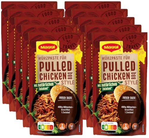 MAGGI FOOD TRAVEL Würzpaste für Pulled Chicken BBQ Style (Ohne Konservierungsstoffe, Vegetarisch), 10er Pack (10 x 85g) von Maggi