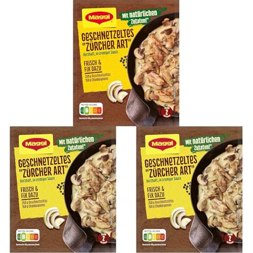 MAGGI Fix für Geschnetzeltes "Zürcher Art", Würzmischung, mit natürlichen Zutaten*, für 2 Portionen, 3er Pack (1 x 47g Packung) von Maggi