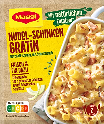 MAGGI Fix für Nudel-Schinken Gratin, überbackene Nudeln mit Schinken in Sahnesauce, 6er Pack (1x33g) von Maggi