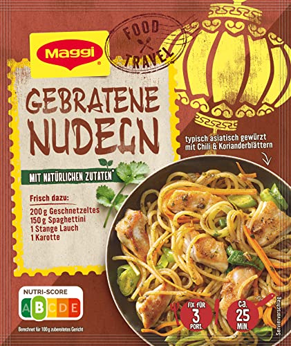 MAGGI Food Travel Fix für Gebratene Nudeln, Nudeln mit Geschnetzeltem, Lauch und Karotte, 10er Pack (1 x 26g) von Maggi