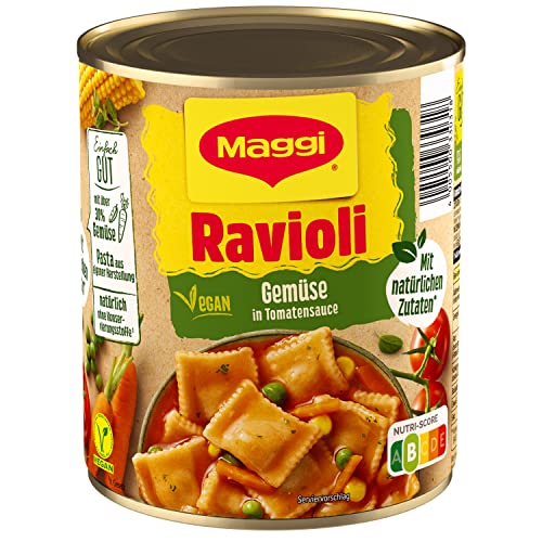 MAGGI Gemüse-Ravioli in Tomatensauce: Teigtaschen in Tomaten-Gemüsesauce, ohne Fleisch (vegan), leckeres Camping-Essen, 1er Pack (1x 800g) von Maggi