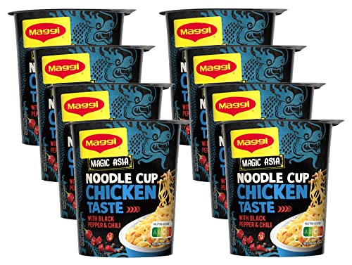 MAGGI Magic Asia Noodle Cup Chicken, Instant-Nudeln, asiatisches Fertiggericht, Hühnchen-Geschmack, mit Gemüse verfeinert, 8er Pack (8x63g) von Maggi