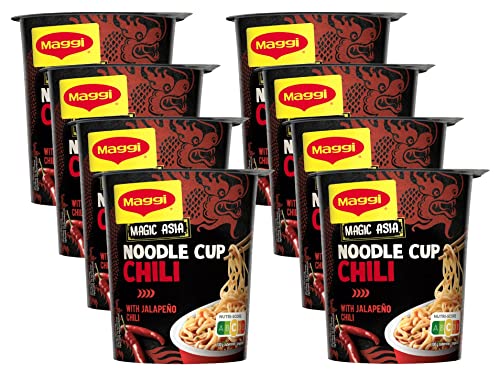 MAGGI Magic Asia Noodle Cup Chili, Instant-Nudeln mit Chili-Geschmack, leckeres Fertiggericht im praktischen Becher, mit Gemüse verfeinert, 8er Pack (8x63g) von Maggi