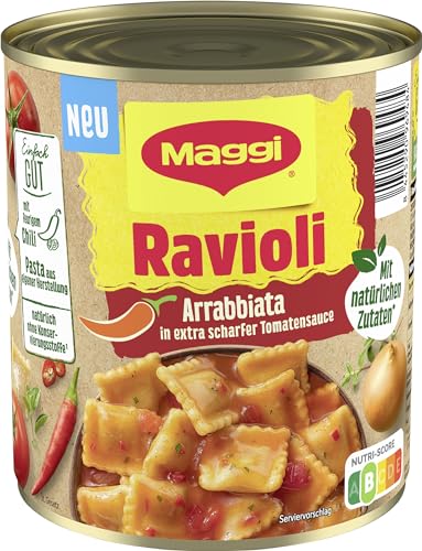 MAGGI Ravioli Arrabbiata, in extra scharfer Tomatensauce, Teigtaschen gefüllt mit würzigem Fleisch, leckeres Fertiggericht, ideal für Camping, 1er Pack, (1 x 800g) von Maggi