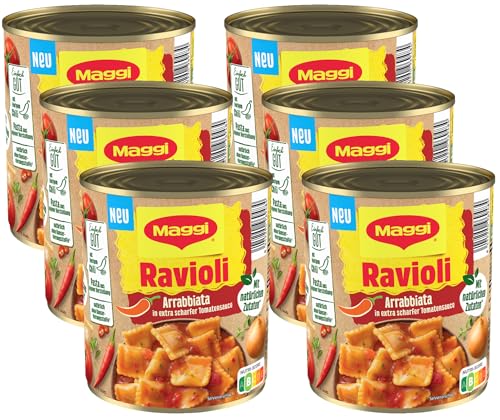 MAGGI Ravioli Arrabbiata, in extra scharfer Tomatensauce, Teigtaschen gefüllt mit würzigem Fleisch, leckeres Fertiggericht, ideal für Camping, 6er Pack, (6 x 800g) von Maggi