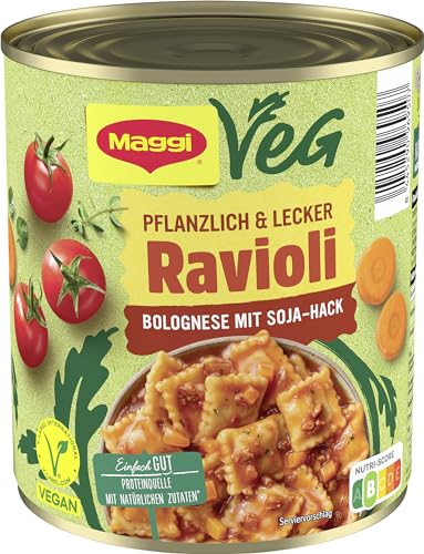 MAGGI Veg Ravioli Bolognese mit Soja-Hack: Teigtaschen in pflanzlicher Bolognese, ohne Fleisch (vegan), leckeres Camping Essen, 1er Pack (1 x 800g) von Maggi