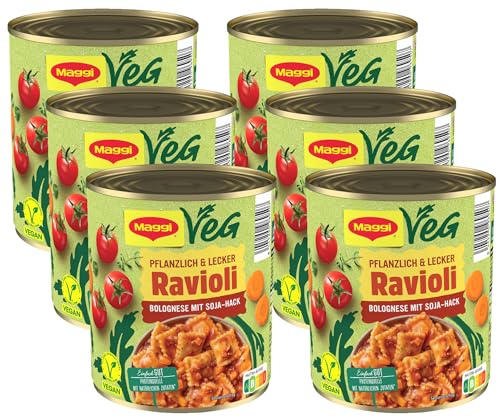 MAGGI Veg Ravioli Bolognese mit Soja-Hack: Teigtaschen in pflanzlicher Bolognese, ohne Fleisch (vegan), leckeres Camping Essen, 66er Pack (6 x 800g) von Maggi