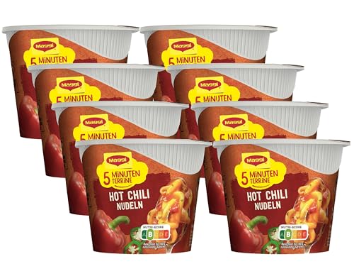 MAGGI 5 Minuten Terrine Hot Chili, leckeres Fertiggericht, Instant-Nudeln, mit Eiernudeln und Paprika, 8er Pack (8 x 50g) von Maggi