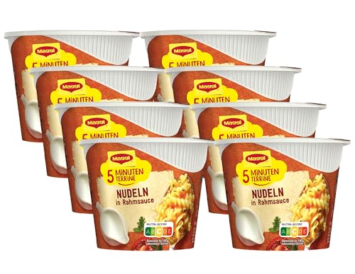 Maggi 5 Minuten Terrine Nudeln in Rahmsauce, leckeres Fertiggericht, Instant-Bandnudeln, mit sahnigem Rahm, 8er Pack (8 x 61g) von Maggi