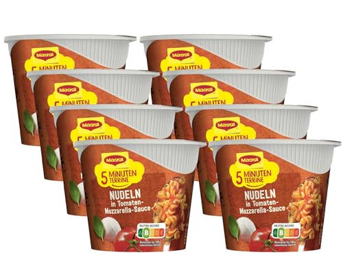 MAGGI 5 Minuten Terrine Nudeln in Tomaten-Mozzarella Sauce, leckeres Fertiggericht, Instant-Nudeln, mit Kräutern, 8er Pack (8 x 55g) von Maggi