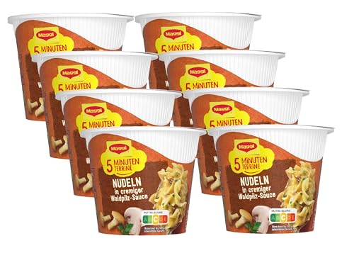 MAGGI 5 Minuten Terrine Nudeln in Waldpilzrahmsauce, leckeres Fertiggericht, Instant-Nudeln, mit Pilzen, 8er Pack (8 x 56g) von Maggi