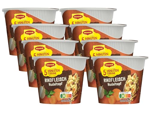 MAGGI 5 Minuten Terrine Rindfleisch Nudeltopf, leckeres Fertiggericht, Instant-Nudeln mit Rindfleisch und Karotten, 8er Pack (8 x 42g) von Maggi