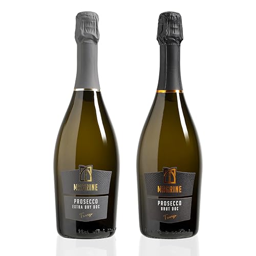 Magrine | Prosecco DOC Extra Dry + Brut „Eine Perfekte Ausdrucksform des Geschmacks“ Italienischer Schaumwein im Charmat-Verfahren Prosecco DOC aus Treviso mit 100% Glera-Trauben 2 Flaschen à 750 ml von Magrine