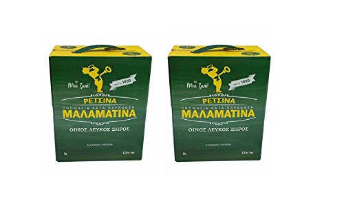 2x 3 Liter Retsina Malamatina Bag in Box mit Zapfhahn geharzter Weißwein aus Griechenland - griechischer traditioneller Weiß Wein mit Harz 2er Pack Spar Set + 2x 2g Probiersachet Frappe Kaffee von Malamatina