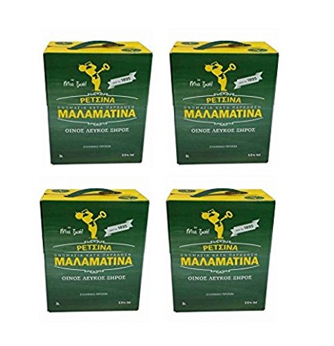 4x3 L Retsina Malamatina Bag in Box mit Zapfhahn geharzter Weißwein aus Griechenland - griechischer traditioneller Weiß Wein mit Harz im Karton 4er Pack Spar Set + 2x2g Probiersachet Frappe von Malamatina