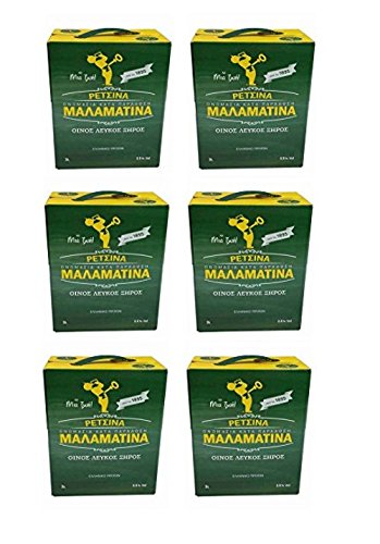 6x 3 Liter Retsina Malamatina Bag in Box mit Zapfhahn geharzter Weißwein aus Griechenland - griechischer traditioneller Weiß Wein mit Harz im Karton 6er Pack Spar Set + 2x 2g Probiersachet Frappe Kaffee von Malamatina