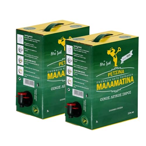 Retsina Malamatina 3 Liter Bag in Box mit Zapfhahn geharzter Weißwein aus Griechenland griechischer traditioneller Weiß Wein mit Harz, 2 Stück von Malamatina