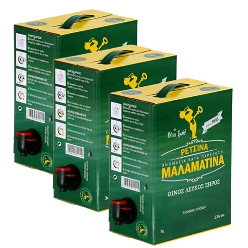 Retsina Malamatina 3 Liter Bag in Box mit Zapfhahn geharzter Weißwein aus Griechenland griechischer traditioneller Weiß Wein mit Harz, 3 Stück von Malamatina