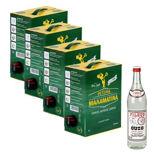 Retsina Malamatina 4 Stück Bag in Box 3 Liter (4x3l) + Gratis Ouzo Pileus (700ml) von Malamatina