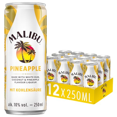 Malibu Pineapple – fruchtig-prickelnder Mix aus Rum und mit erfrischendem Geschmack von Kokos und Ananas – 12 Dosen à 250 ml, gesprudelt, (10 Vol.-%) von Malibu