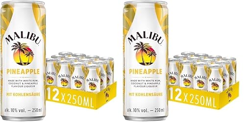 Malibu Pineapple – fruchtig-prickelnder Mix aus Rum und mit erfrischendem Geschmack von Kokos und Ananas – 12 Dosen à 250 ml, gesprudelt, (10 Vol.-%) (Packung mit 2) von Malibu