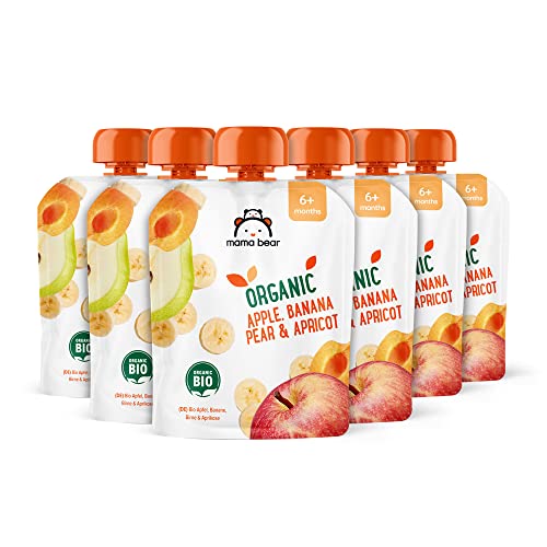 Amazon-Marke: Mama Bear Bio Gemüsemischung (Apfel, Birne, Banane und Aprikose), vegetarisch, 90g (6er-Pack) von Mama Bear