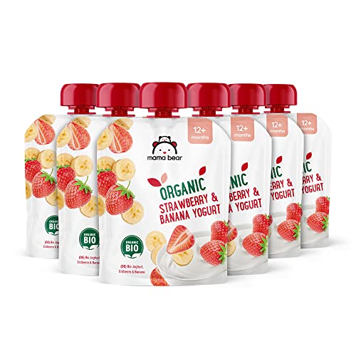 Amazon-Marke: Mama Bear Bio Zubereitung aus Joghurterzeugnis, Erdbeere, Banane und Joghurt, Vegetarian, 90g (6er-Pack) von Mama Bear